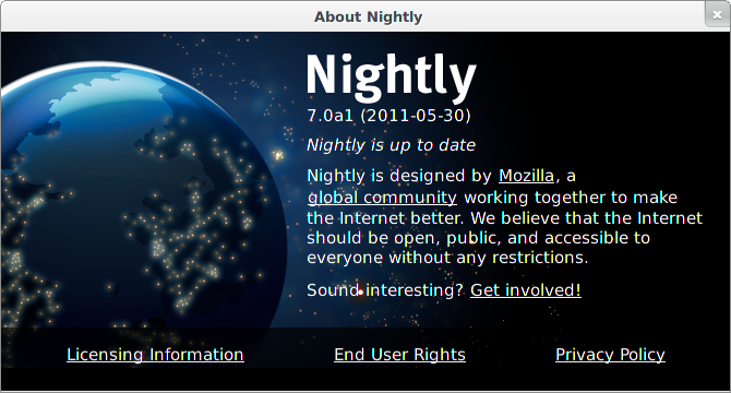 About Nightly with Close button
